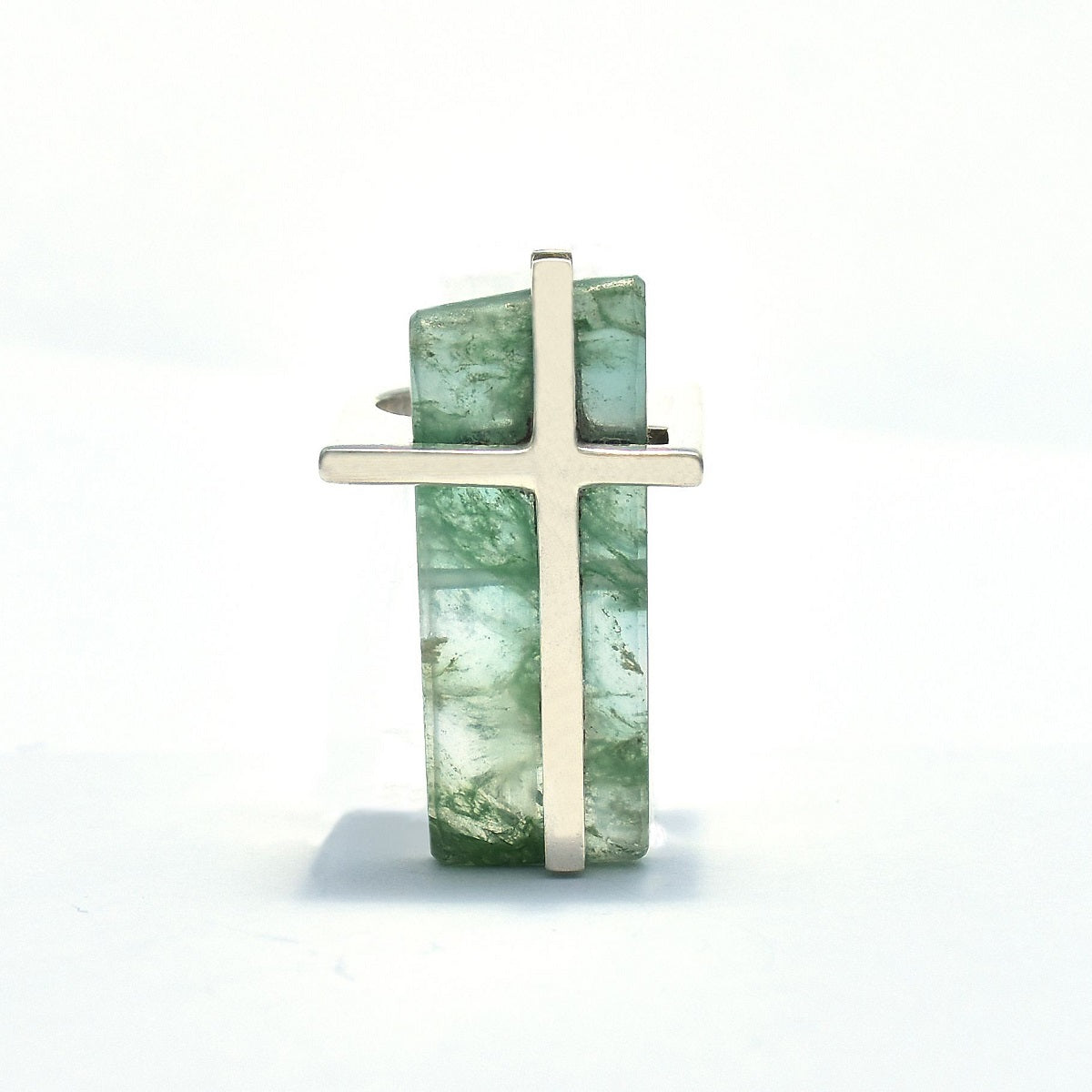Anillo de Plata  con Piedra de Agatha Verde Musgosa Ventana.