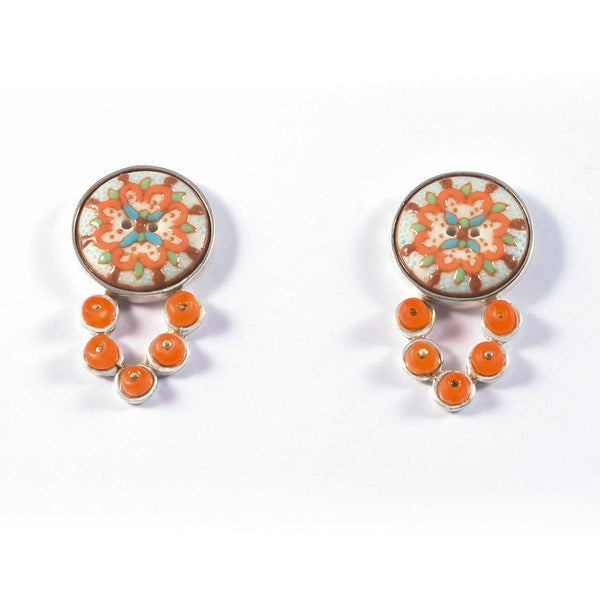Aretes Cortos de Plata con Talavera Naranja.
